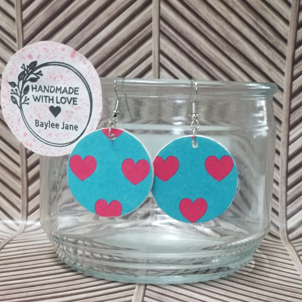 Handmade Blue and Pink Heart Earrings